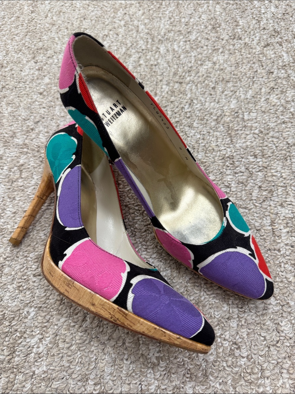 Stuart Weitzman Multicolor Circle Print Cork-Heel Pumps - Pink, Purple, Teal